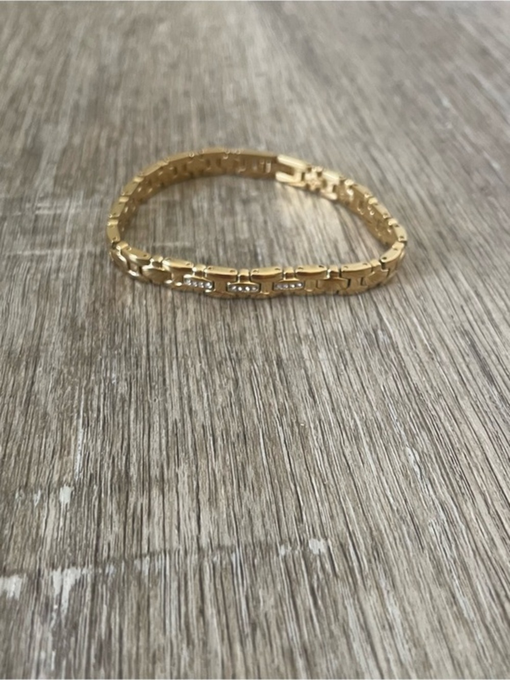 Gold Tone Link Bracelet 7” Rhinestone Accent Rectangular Chain Bracelet
